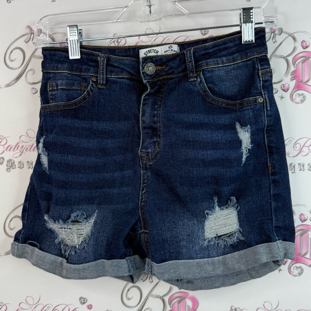 Wax Jean stretch for days shorts denim Women's Dark Blue Distressed Jean Shorts